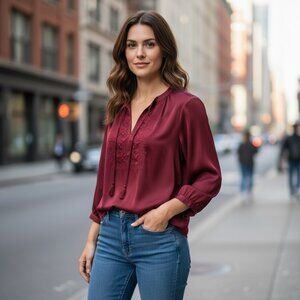 Lucky Brand Burgundy Peasant Embroidered Tassels Long Sleeve Top Sz L #224i